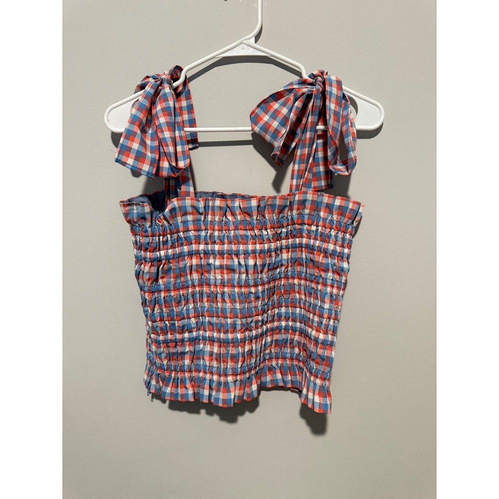 Gianni Bini Red Blue Gingham Smocked Tie Strap Crop Top Small